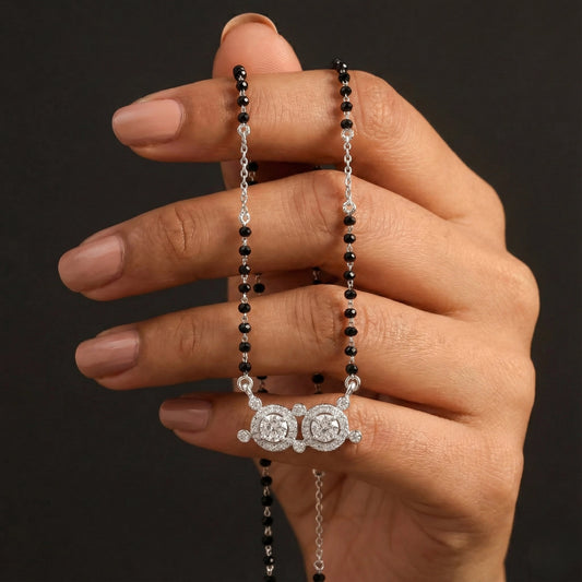 Modern black bead mangalsutra in 925 silver with double halo-style pendant