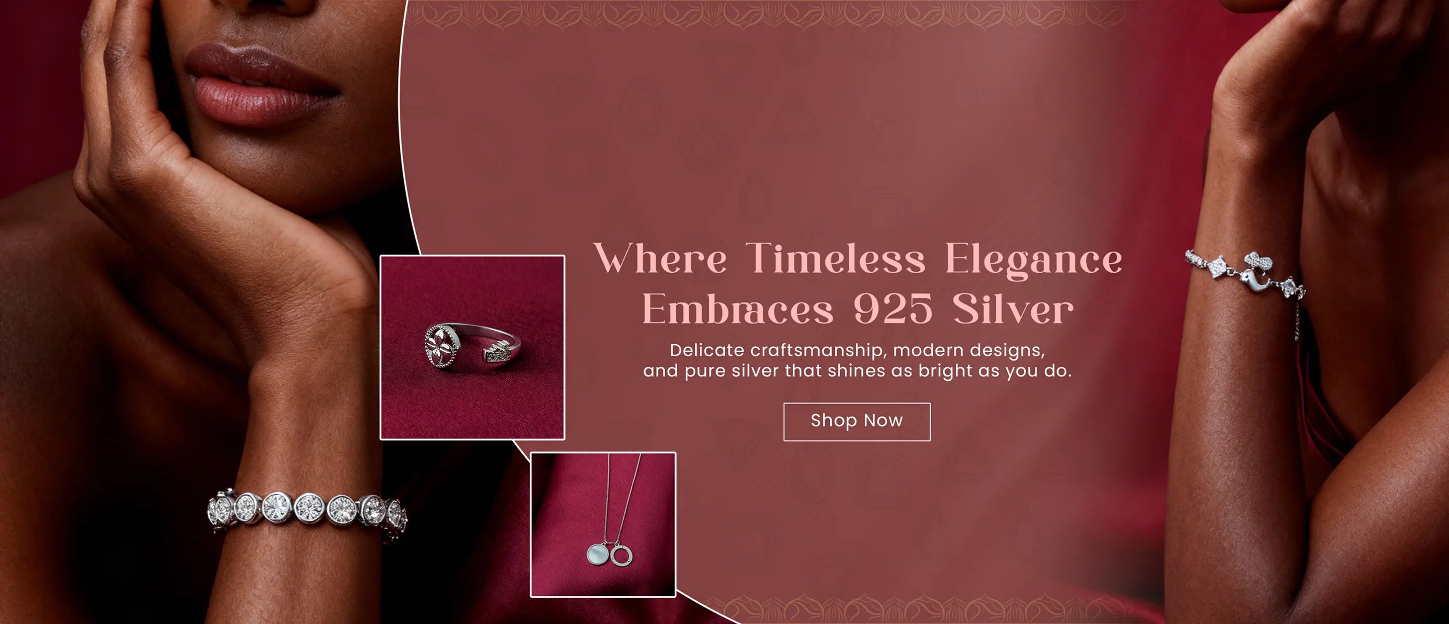 Advertisement for silver jewelry with a woman wearing a bracelet, featuring text about 925 silver.