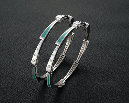 Stunning 925 Silver Bangle with Unique Round Design and Ceramic Meenao Finish