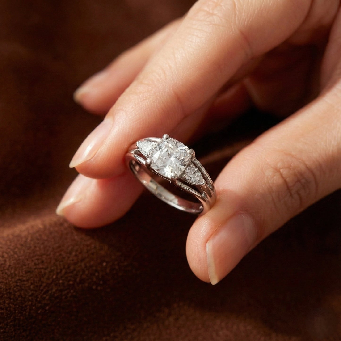 Close-up of a hand wearing a diamond ring on a brown textured background
