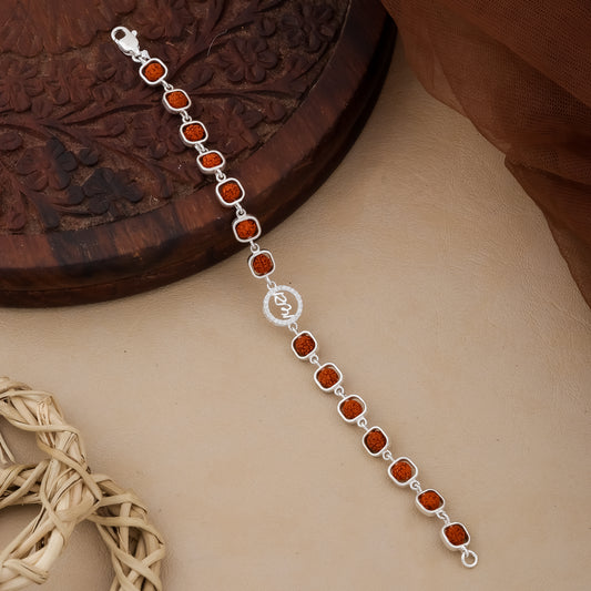 Man wearing 925 silver Rudraksha bracelet with Ram symbol and diamond accents