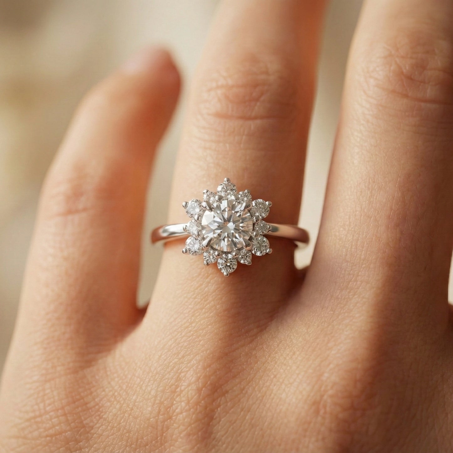 Diamond ring on a finger with a blurred background