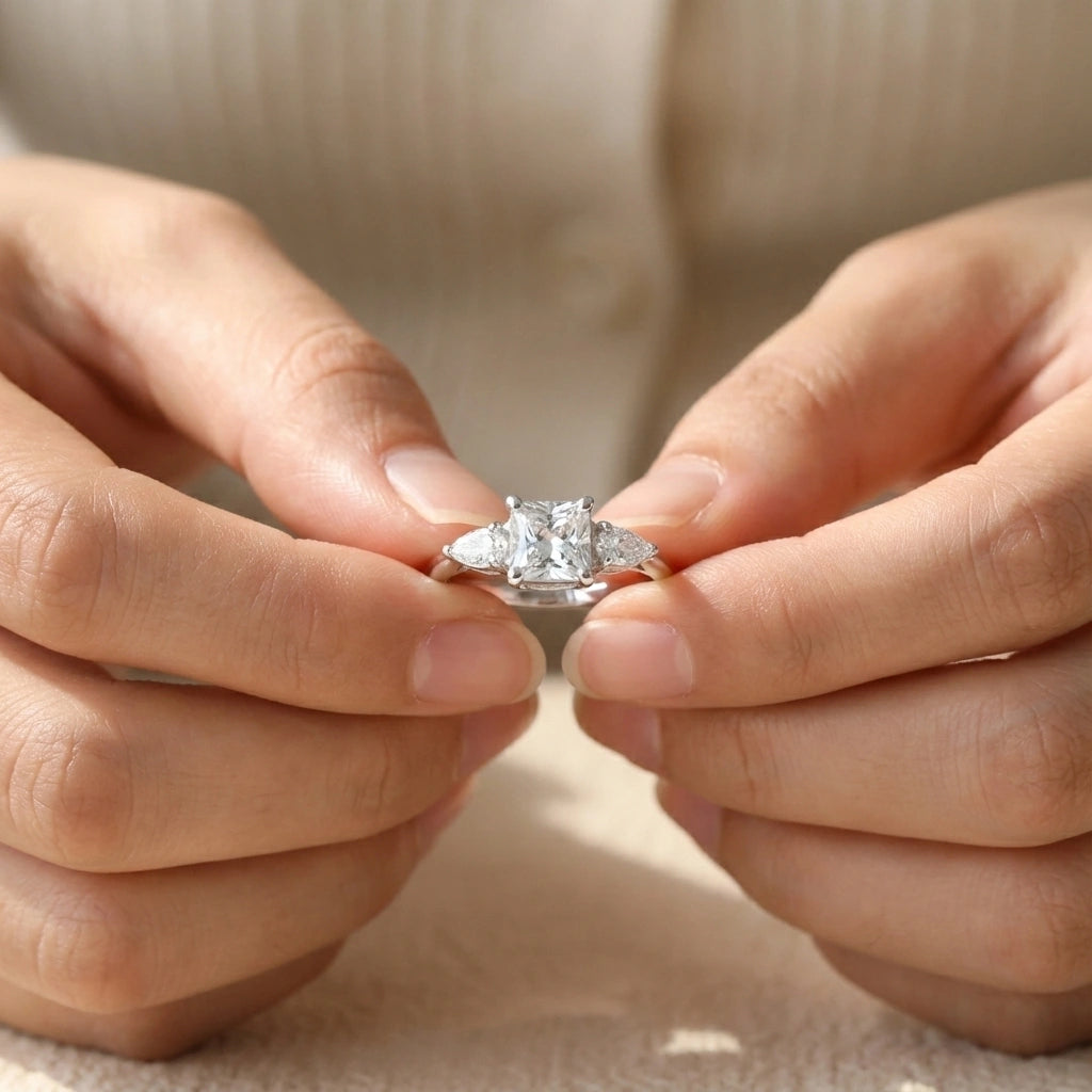 Close-up of hands holding a diamond ring against a neutral background