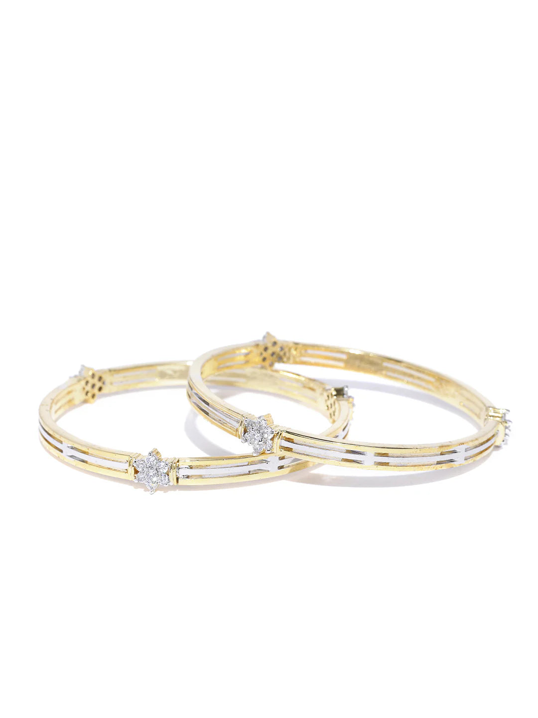 Set Of 2 Dual Toned American Diamond Studded Bangles in Floral Pattern