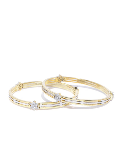 Set Of 2 Dual Toned American Diamond Studded Bangles in Floral Pattern