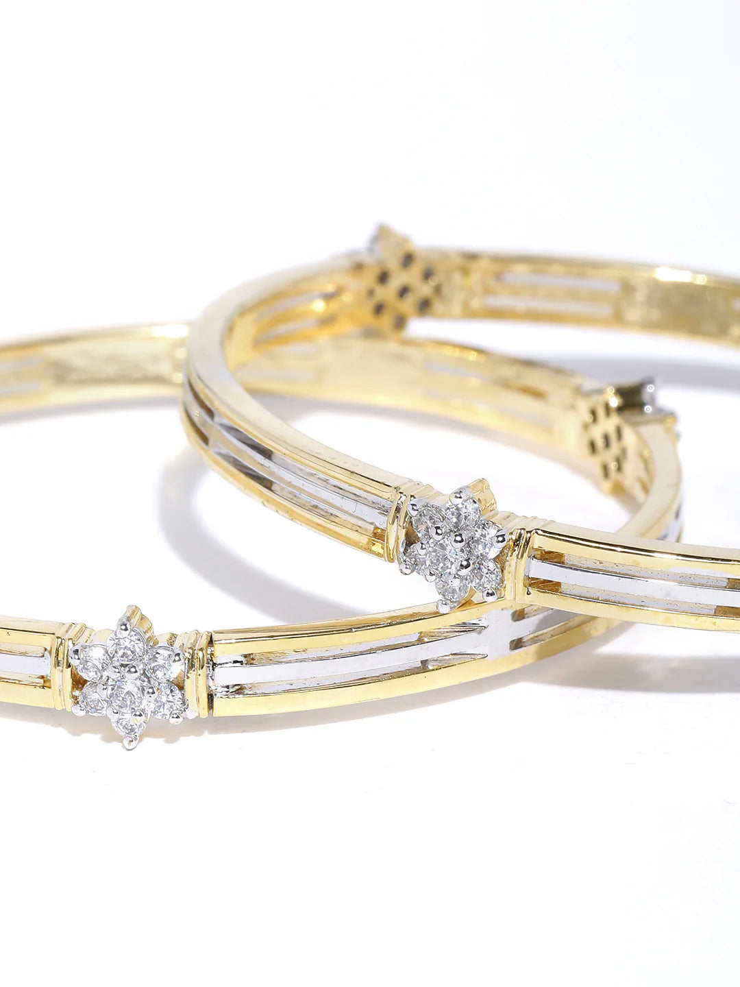 Set Of 2 Dual Toned American Diamond Studded Bangles in Floral Pattern