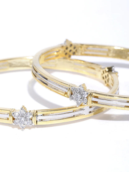 Set Of 2 Dual Toned American Diamond Studded Bangles in Floral Pattern