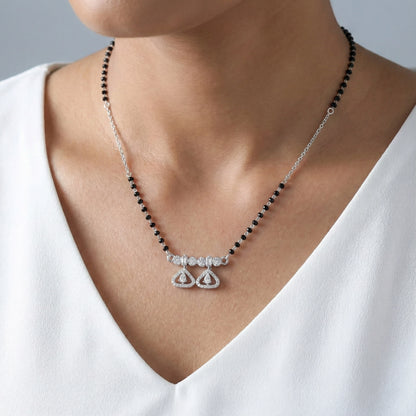 Black bead mangalsutra necklace with double heart diamond charm