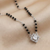 Silver mangalsutra with black beads and square diamond halo pendant