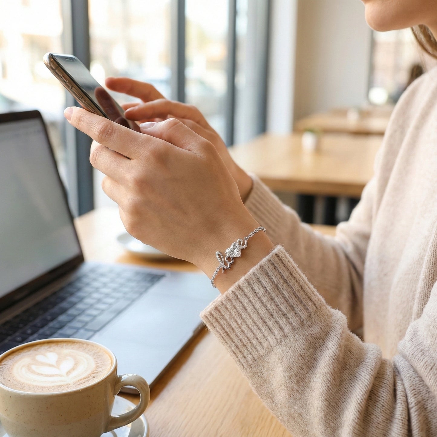 Person using a smartphone with a laptop and coffee in a cafe setting