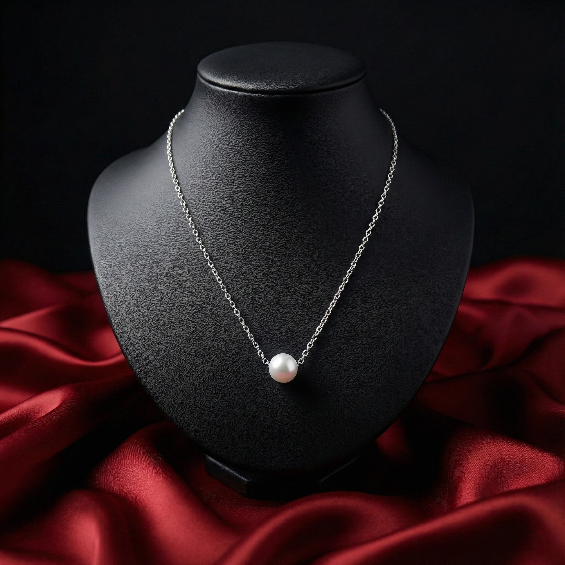 Pearl necklace on a black bust with red fabric background