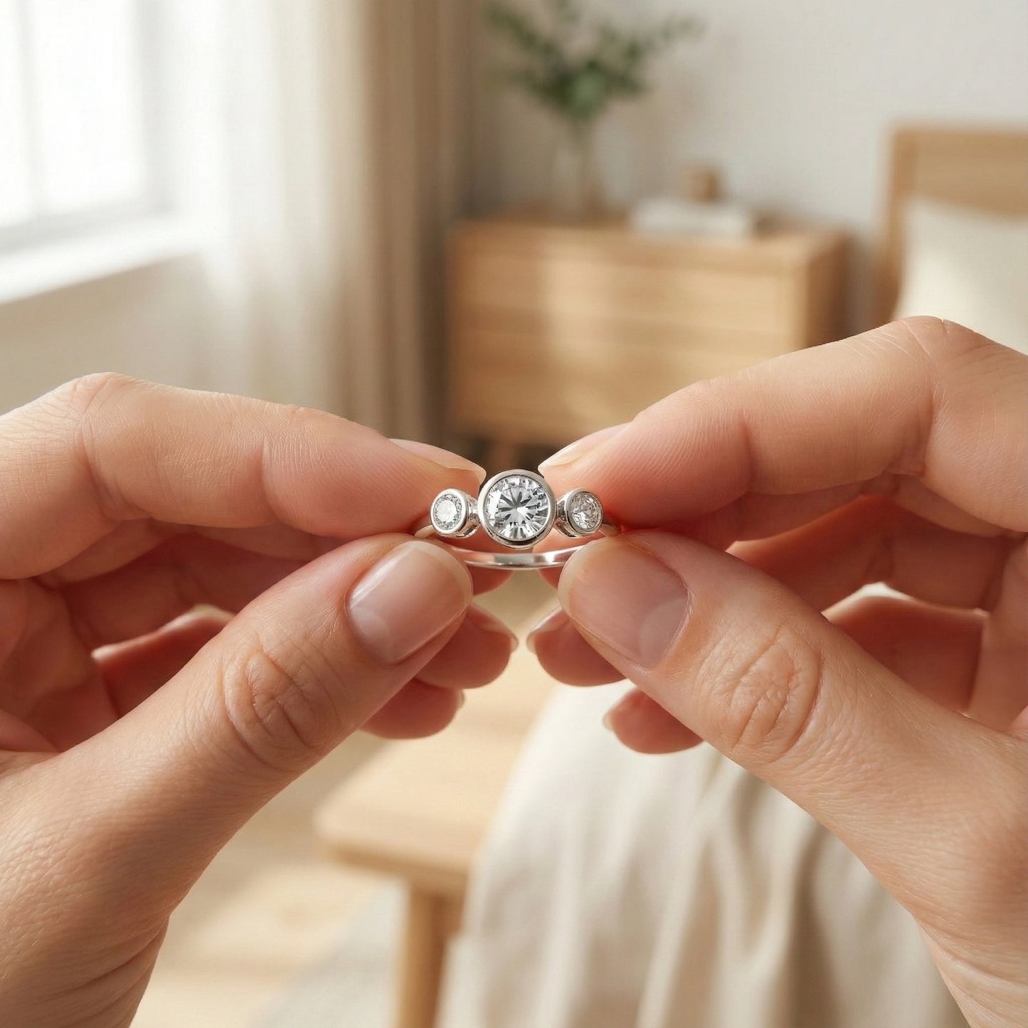 Close-up of hands holding a silver ring with a diamond, blurred indoor background