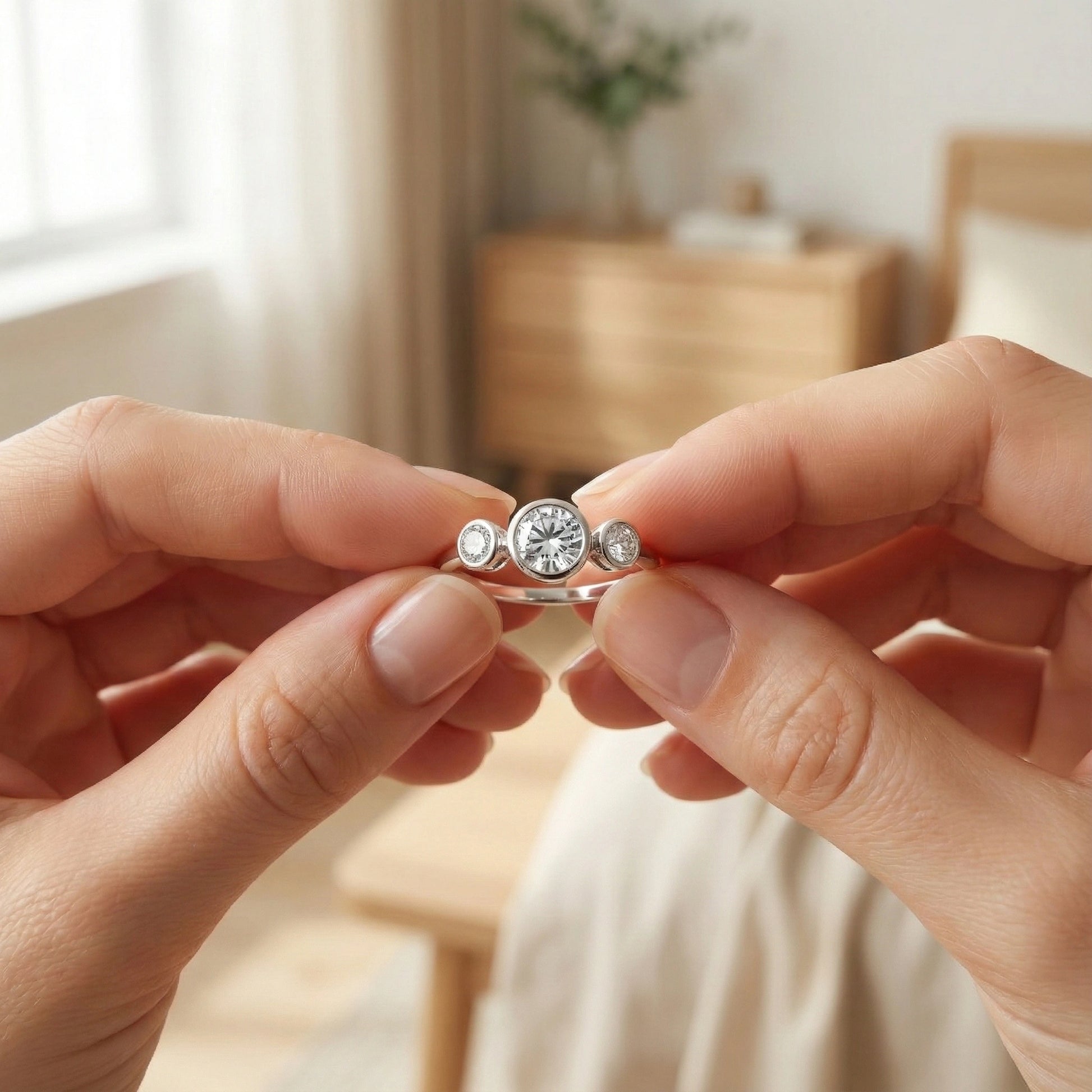 Close-up of hands holding a silver ring with a diamond, blurred indoor background