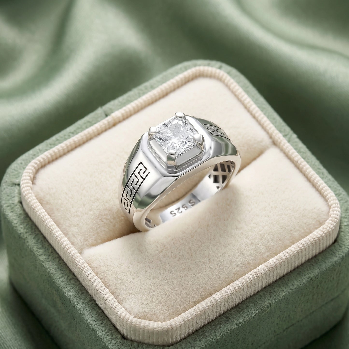 Silver ring with a diamond on a green cushioned box