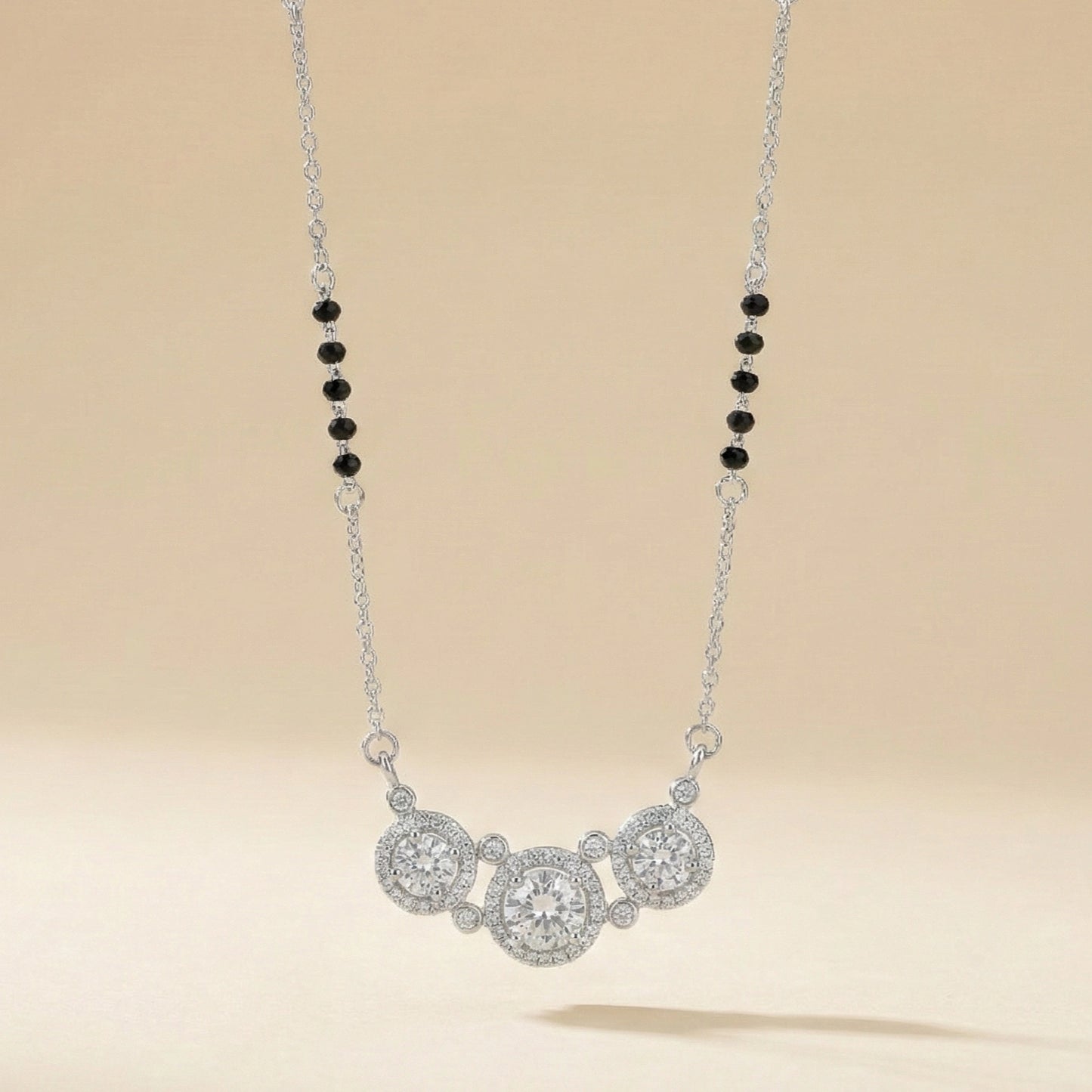 Black bead mangalsutra necklace with three diamond halo charms