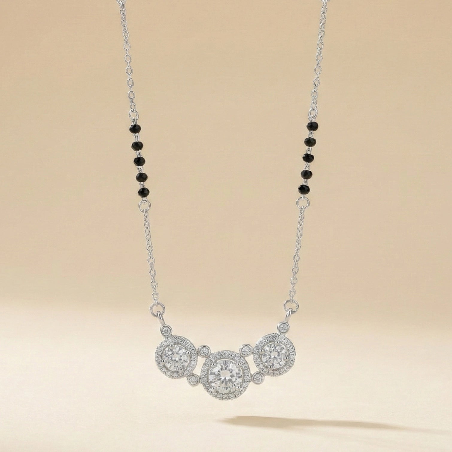 Black bead mangalsutra necklace with three diamond halo charms