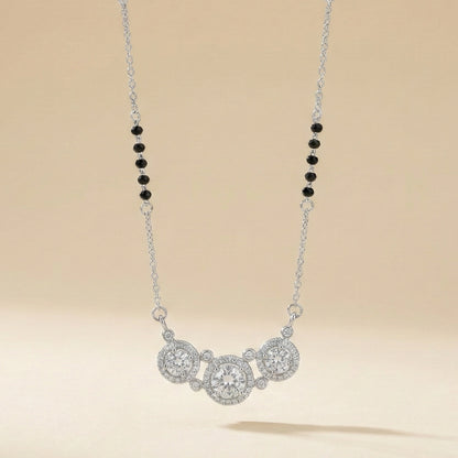 Black bead mangalsutra necklace with three diamond halo charms