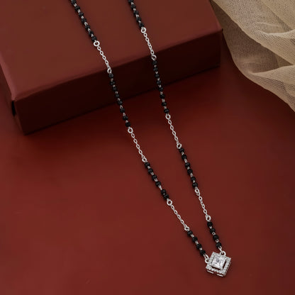 Modern silver mangalsutra featuring black beads and square pendant