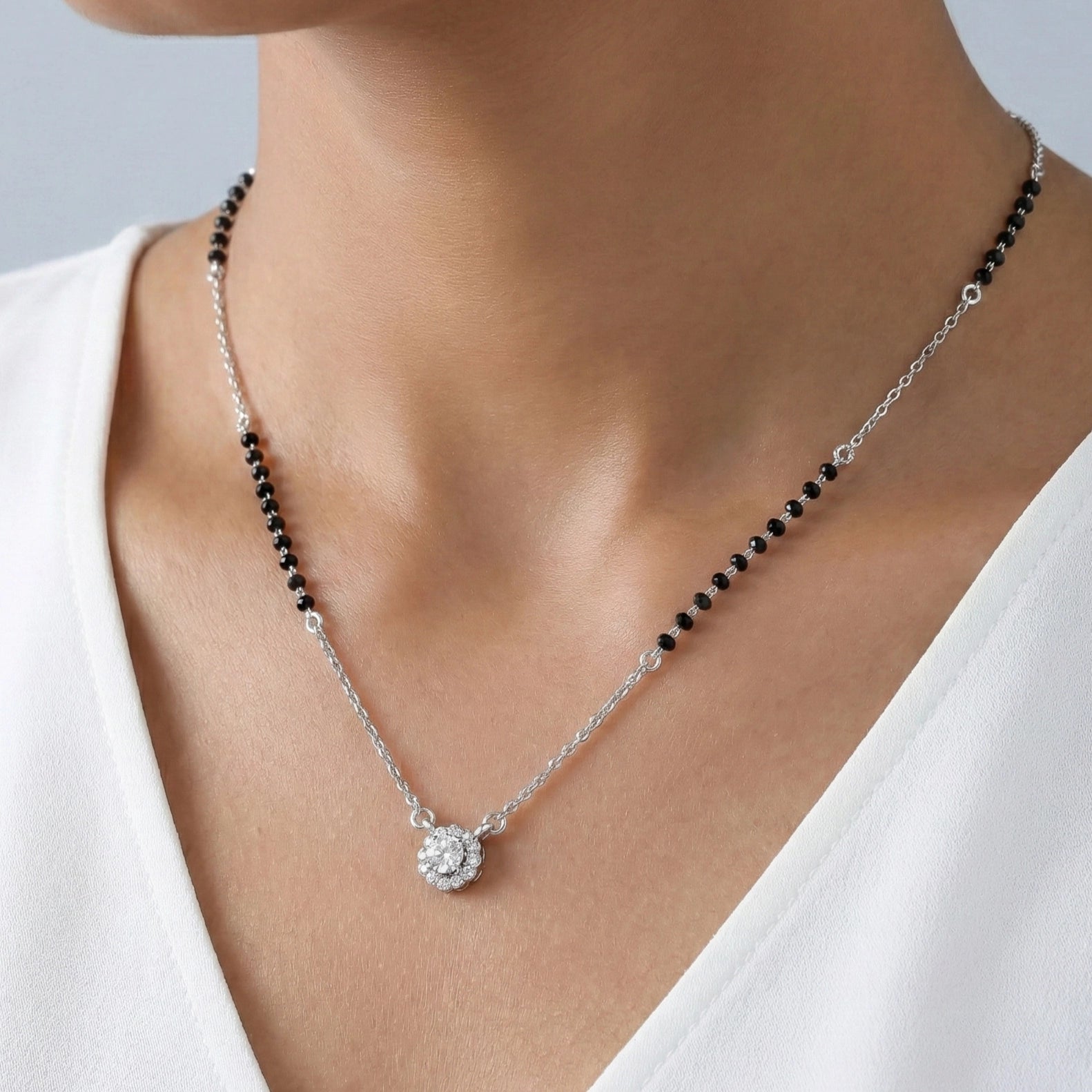 Minimal mangalsutra with silver chain and floral cluster charm
