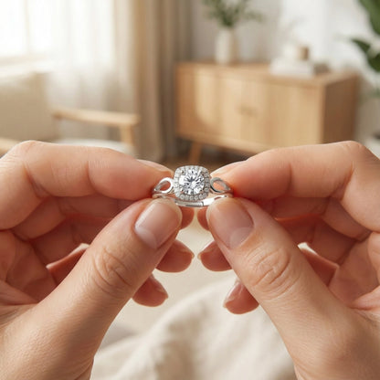 Close-up of hands holding a diamond ring in a softly blurred indoor setting