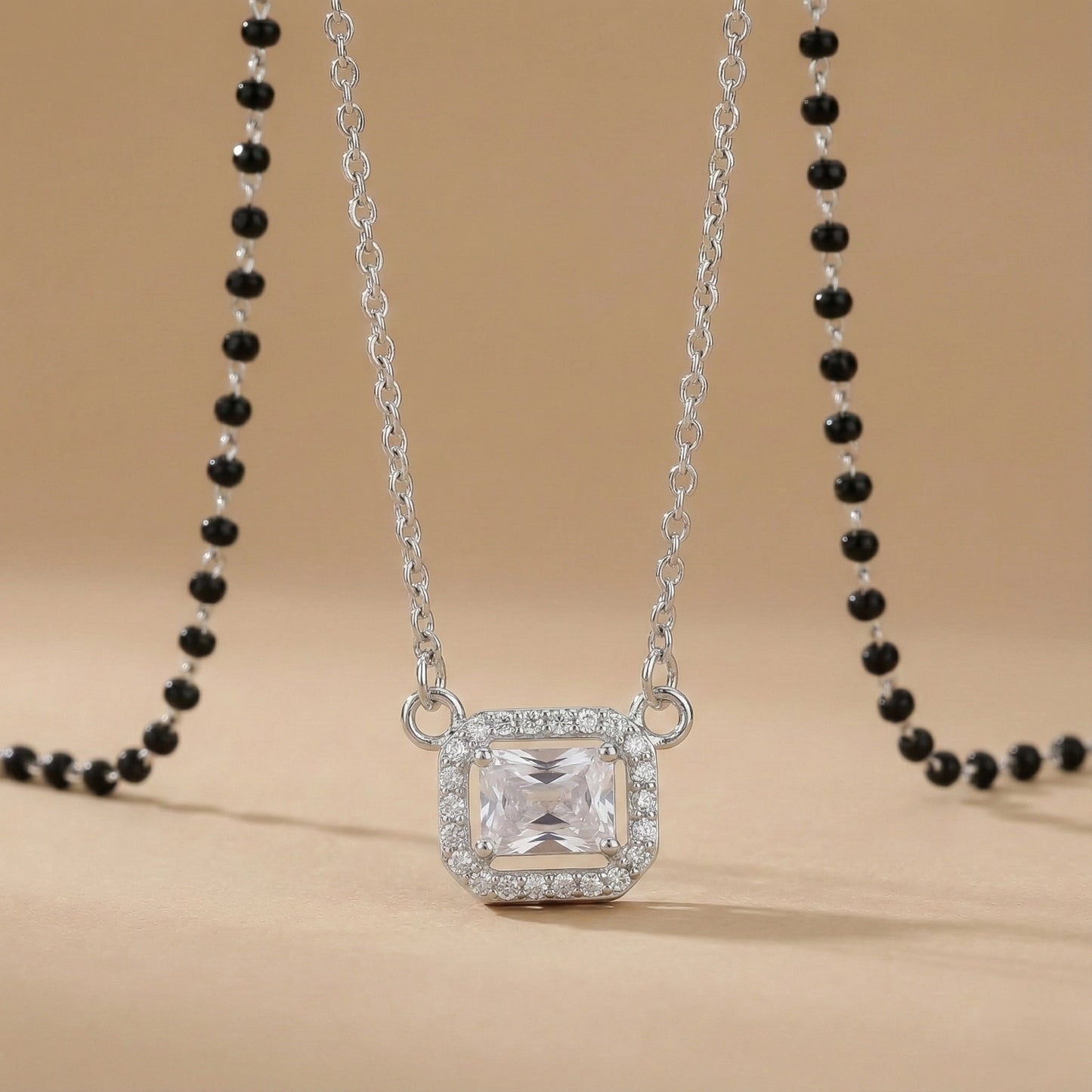 Black bead mangalsutra necklace with rectangular diamond-style charm