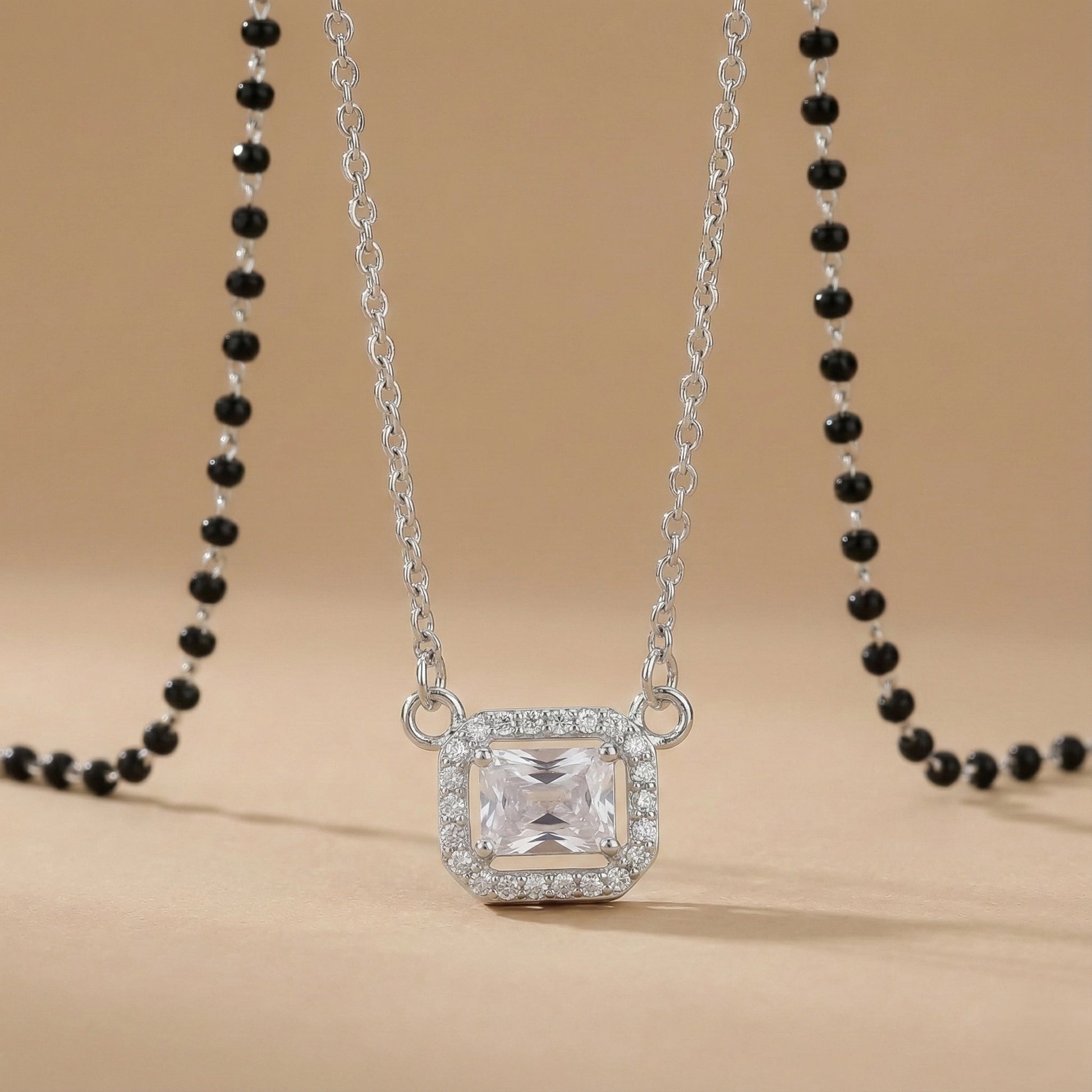 Black bead mangalsutra necklace with rectangular diamond-style charm