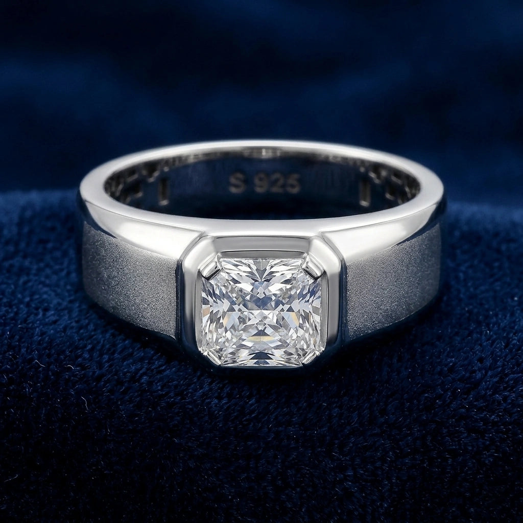 Silver ring with a diamond on a dark blue background