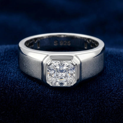 Silver ring with a diamond on a dark blue background