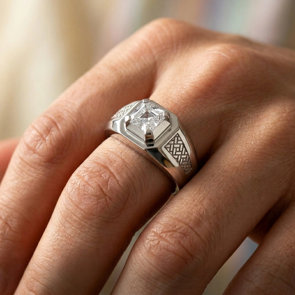Silver ring with a diamond on a person's finger against a blurred background