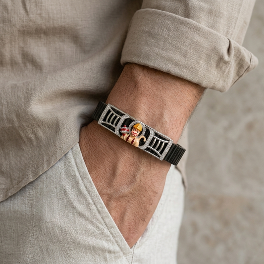 Bracelet with a decorative design worn on a wrist, with a neutral background