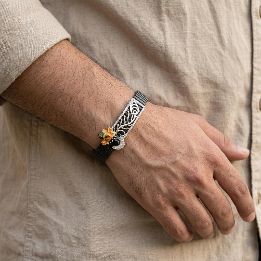 925 Sterling Silver Shrinathji Bracelet – Silver Faith Jewellery with Crown Motif & Black Band