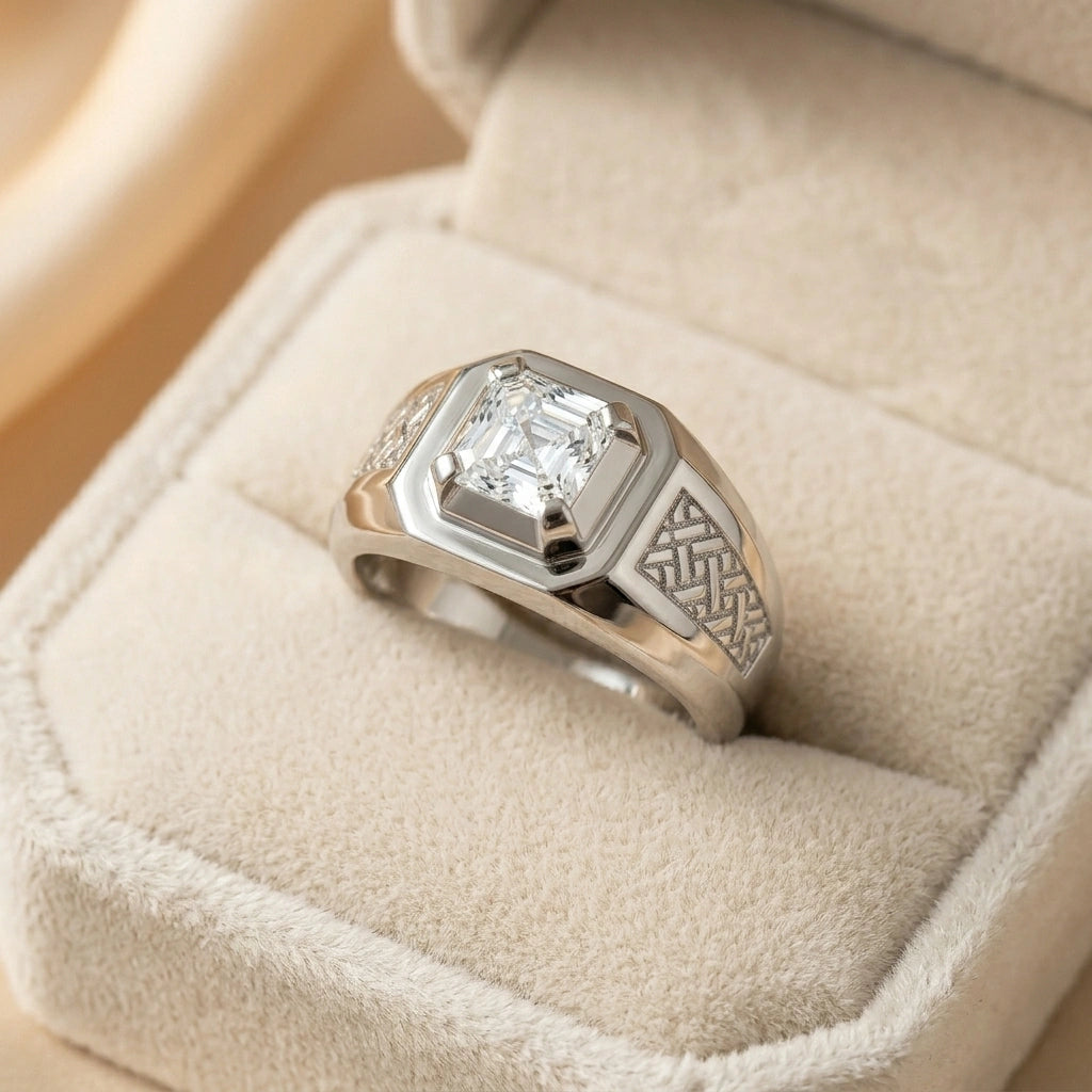 Silver ring with a large diamond in a beige jewelry box