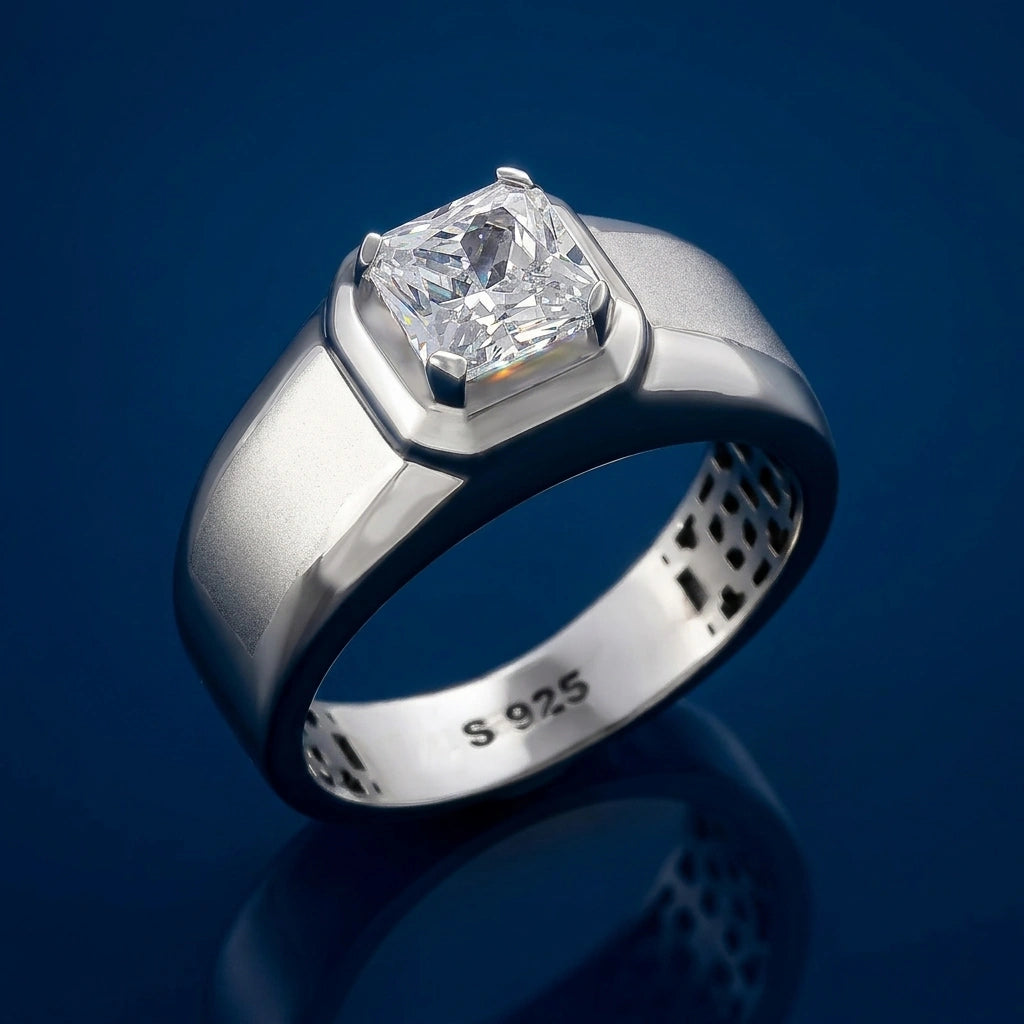 Silver ring with a diamond on a blue background