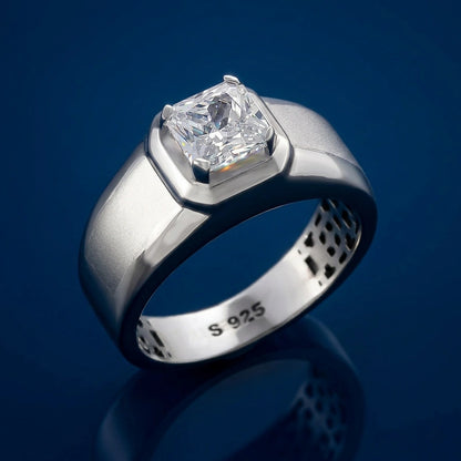 Silver ring with a diamond on a blue background