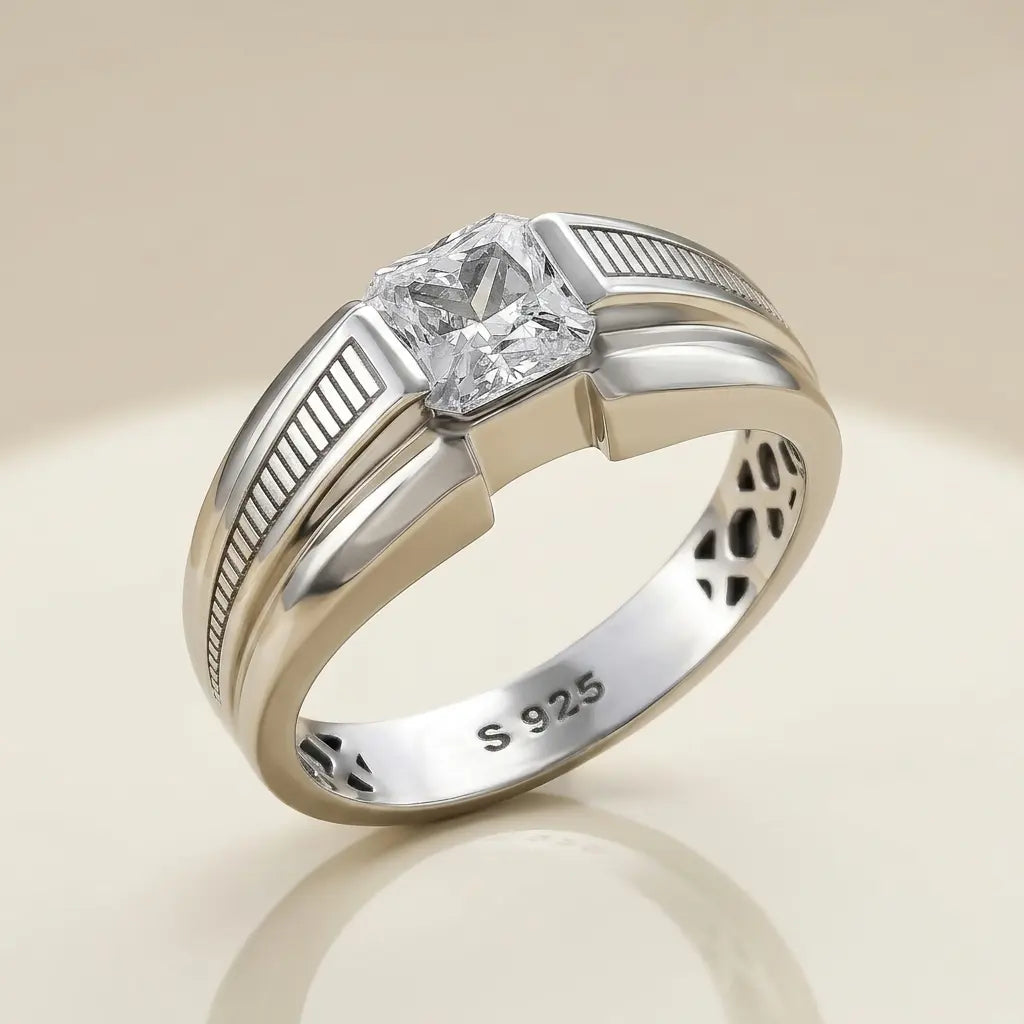 Silver ring with a diamond on a beige background