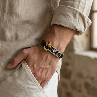 925 Sterling Silver Shrinathji Bracelet – Silver Faith Jewellery with Crown Motif & Black Band