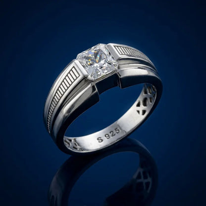 Silver ring with a diamond on a dark blue background