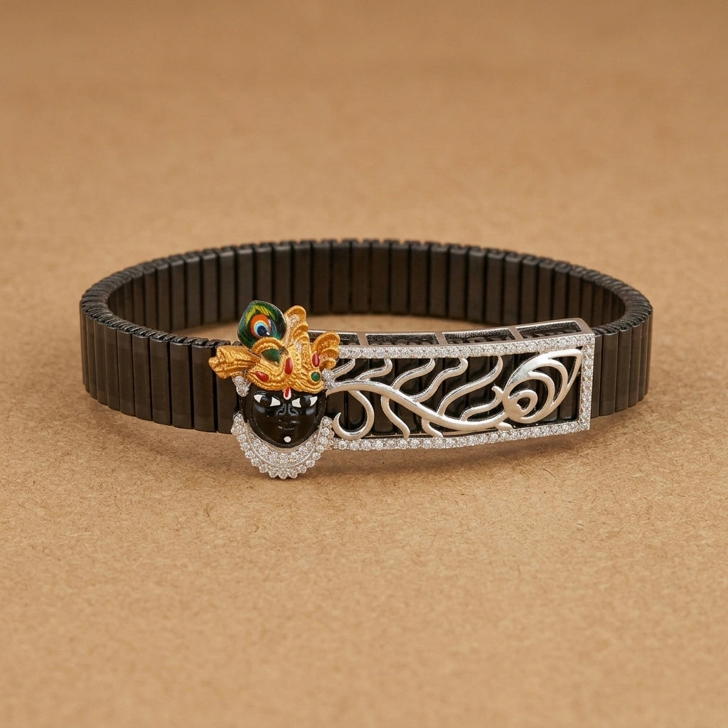 925 Sterling Silver Shrinathji Bracelet – Silver Faith Jewellery with Crown Motif & Black Band
