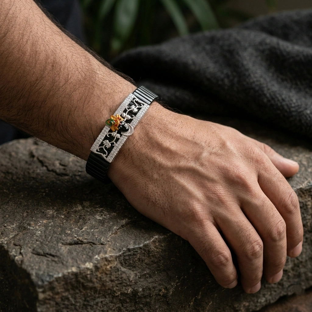 925 Silver Shreenathji Mina Work Bracelet with Diamond – Silver Faith Jewellery