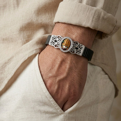 925 Silver Khatu Shyam Baba Minakari Bracelet with Mino & Diamond