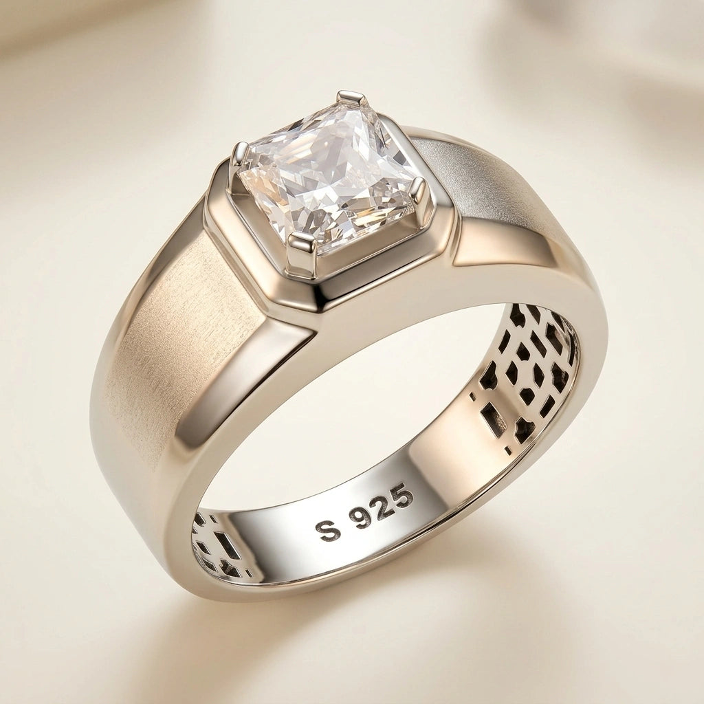 Gold ring with a diamond on a beige background