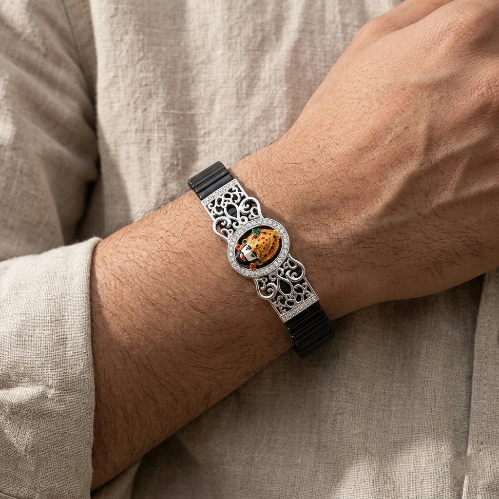 925 Silver Khatu Shyam Baba Minakari Bracelet with Mino & Diamond