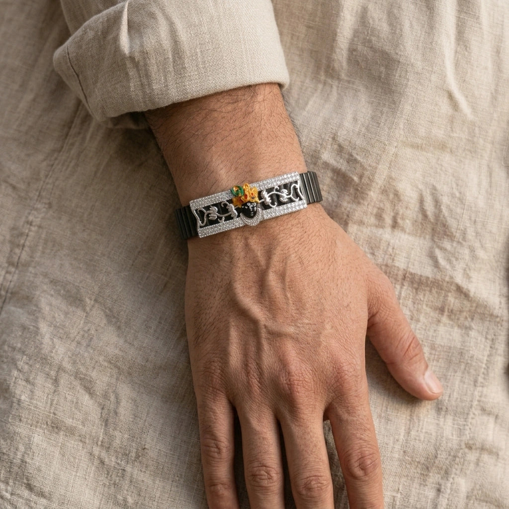 925 Silver Shreenathji Mina Work Bracelet with Diamond – Silver Faith Jewellery