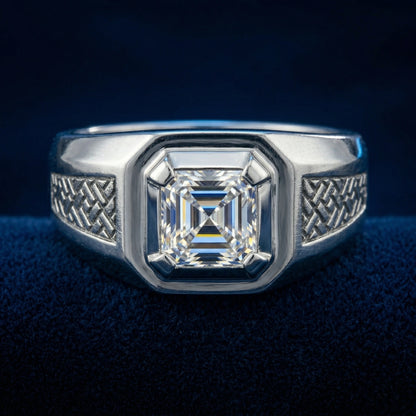 Silver ring with a large diamond on a dark blue background