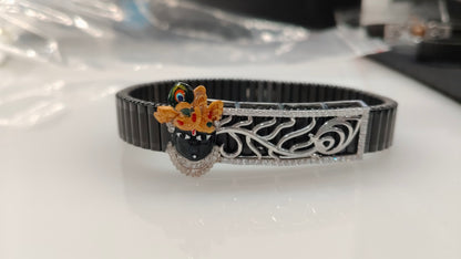 925 Sterling Silver Shrinathji Bracelet – Silver Faith Jewellery with Crown Motif & Black Band