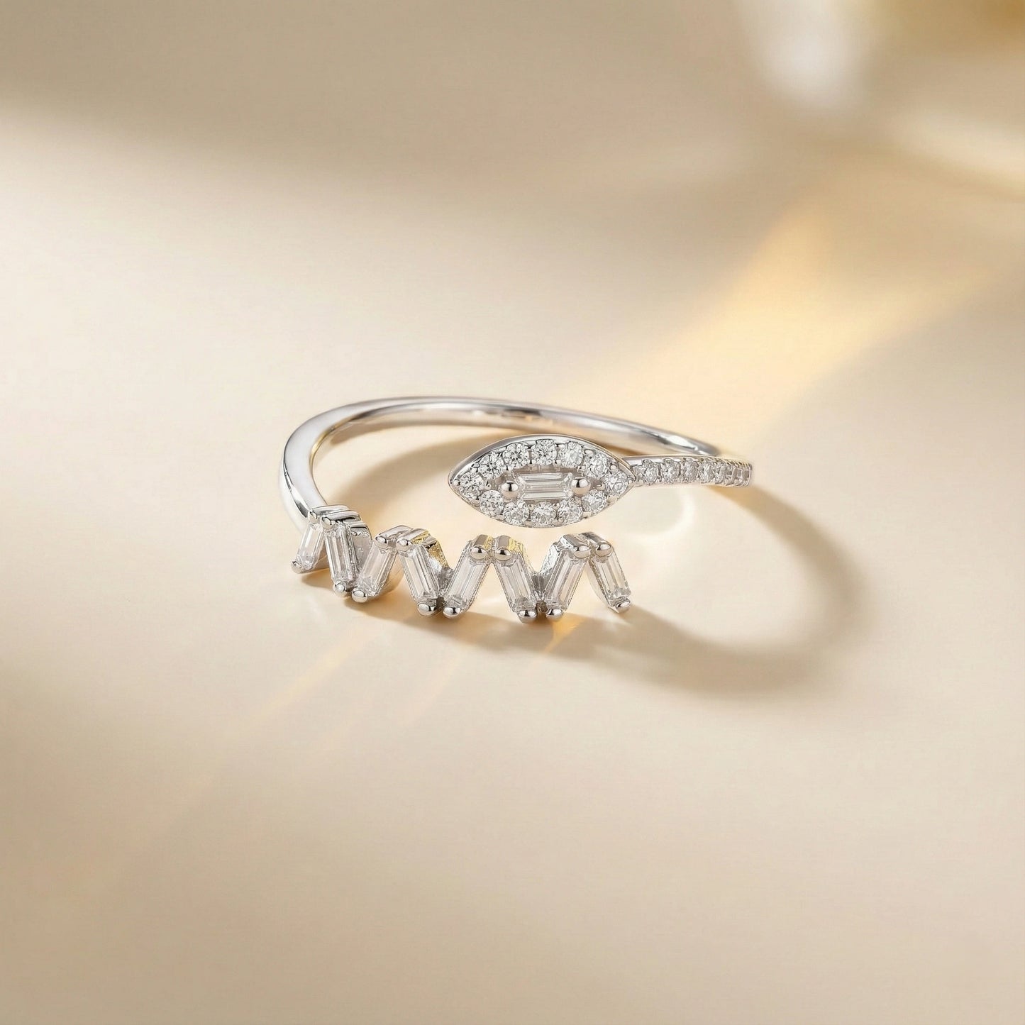 Diamond ring with a unique design on a beige background