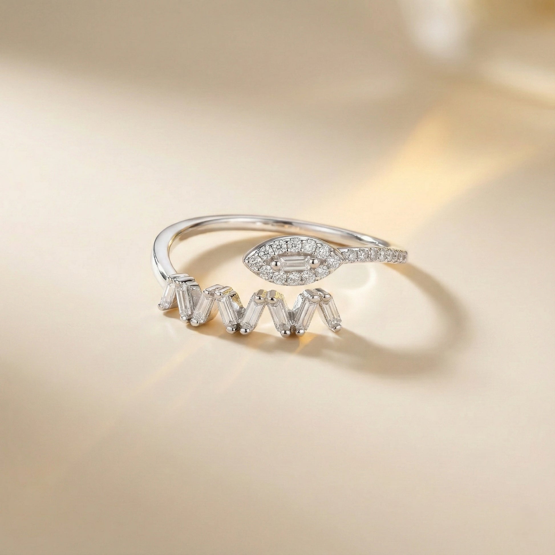 Diamond ring with a unique design on a beige background