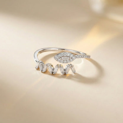 Diamond ring with a unique design on a beige background