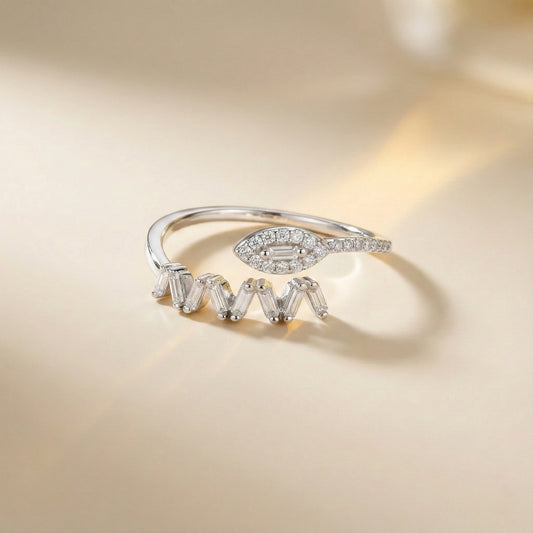 Diamond ring with a unique design on a beige background