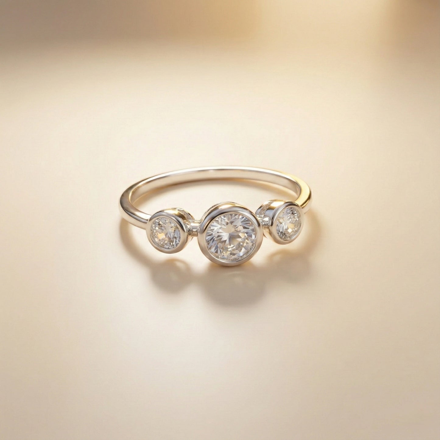 Silver ring with three diamonds on a beige background